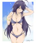  1girl ahoge artist_name bangs bikini black_eyes black_hair blue_sky breasts cleavage cloud commentary_request cowboy_shot gakky hair_ornament hairclip kako_(kancolle) kantai_collection large_breasts long_hair looking_at_viewer medium_breasts messy_hair multi-strapped_bikini one-hour_drawing_challenge parted_bangs ponytail purple_bikini sky solo swimsuit 