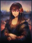  1girl bangs black_dress black_hair closed_mouth dress earrings fine_art_parody flower hair_ornament highres jewelry kozzz_y long_hair looking_at_viewer mona_lisa parody red_eyes smile solo spy_x_family upper_body yor_briar 