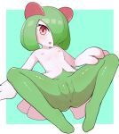  1girl :o anus aqua_background bangs blush border breasts clitoris colored_skin commentary_request full_body green_hair green_skin hair_over_one_eye hand_on_own_leg hand_on_own_thigh highres kirlia knees_apart_feet_together knees_up kumori_megane looking_at_viewer lying multicolored_skin nipples on_back one_eye_covered open_mouth outside_border partial_commentary pokemon pokemon_(creature) pussy red_eyes shiny shiny_hair shiny_skin short_hair sidelocks simple_background small_breasts solo spread_legs thighs two-tone_skin uncensored white_border white_skin 