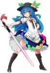  1girl black_headwear blue_hair bow flat_chest food fruit hat hinanawi_tenshi karukan_(monjya) leaf long_hair peach puffy_short_sleeves puffy_sleeves rainbow_order red_eyes rope shawl shimenawa short_sleeves solo sword_of_hisou touhou 