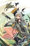  1girl :d animal_ears anklet arknights arm_up cannon detached_sleeves full_body grey_hair highres holding jewelry leaf_(arknights) long_hair low-tied_long_hair low_ponytail open_mouth red_eyes see-through sima_naoteng smile solo thighlet weedy_(arknights) wind 