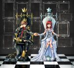  1boy 1girl alternate_costume black_footwear blue_eyes boots bracer brown_hair cape crown dress formal fur_trim highres holding_hands hollypolllyy kairi_(kingdom_hearts) kingdom_hearts knee_boots long_hair looking_at_viewer mini_crown red_hair scarf sitting smile sora_(kingdom_hearts) spiked_hair white_dress white_footwear 