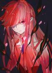  1boy black_background elf elsword hair_over_one_eye kurayuki0404 long_hair long_sleeves looking_to_the_side male_focus one_eye_covered otoko_no_ko parted_lips pink_eyes pointy_ears red_hair rosso_(elsword) solo 