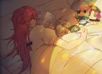  braid character_doll couple fumo_(doll) hat hat_removed headwear_removed highres hong_meiling izayoi_sakuya liangyilin on_bed puffy_short_sleeves puffy_sleeves red_hair short_sleeves sleeping touhou twin_braids yuri 