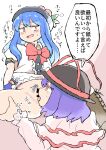  2girls absurdres bar_censor blue_hair blush brown_eyes censored cunnilingus female_pubic_hair hat highres hinanawi_tenshi long_hair multiple_girls nagae_iku no_panties oral pubic_hair purple_hair sekaihebi short_hair touhou translated yuri 