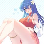  1girl :d awayuki_ramika bare_shoulders bikini blue_background blue_eyes blue_hair blush breasts caeda_(fire_emblem) fire_emblem fire_emblem:_mystery_of_the_emblem flower hand_on_own_face heart large_breasts long_hair open_mouth red_bikini red_swimsuit sideboob skirt sleeveless smile solo striped striped_background swimsuit thigh_strap thighs turtleneck white_background wing_collar 
