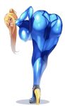  1girl absurdres ass ass_focus bent_over blonde_hair blue_bodysuit blue_eyes blush bodysuit breasts hanging_breasts high_heels highres huge_ass impossible_bodysuit impossible_clothes large_breasts metroid samus_aran shiny shiny_clothes skin_tight solo top-down_bottom-up volyz zero_suit 