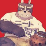  3_eyes anthro batten_xxxx blush bottomwear clothing fur grey_body grey_fur lifewonders male multi_ear multi_eye muscular muscular_anthro muscular_arms muscular_legs muscular_male shorts solo tokyo_afterschool_summoners tsathoggua tusks video_games 