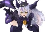  1girl :d absurdres animal bangs belt bird blush boots collar crow crow_(la+_darknesss) fangs grey_hair high_heels highres hololive horns la+_darknesss long_hair looking_at_viewer pointy_ears purple_hair purple_legwear single_thighhigh sleeves_past_wrists slit_pupils smile solo tail teeth thighhighs torn_flipper transparent_background very_long_hair virtual_youtuber 