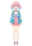  1girl absurdres aqua_eyes aqua_hair aqua_jacket arms_at_sides bangs closed_mouth collared_shirt deadnooodles full_body gradient_hair highres indie_virtual_youtuber jacket long_sleeves looking_at_viewer medium_hair multicolored_hair neck_ribbon open_clothes open_jacket pink_footwear pink_hair pink_ribbon pink_skirt ribbon second-party_source shirt shoes simple_background skirt smile socks solo star_uanko twintails white_background white_shirt 