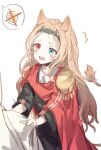  1girl animal_ears archetto_(arknights) arknights blonde_hair blue_eyes cape commentary cy_fros epaulettes fur-tipped_tail griffin heterochromia highres lion_ears lion_girl lion_tail long_hair red_cape red_eyes tail tears tiara 