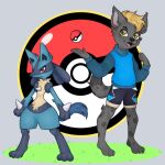  1:1 anthro blonde_hair blue_clothing blue_sweater blue_topwear calahoo_(calahootheyeen) clothing duo grass hair hyaenid layered_clothing lucario male mammal nintendo plant pok&eacute;ball pok&eacute;ball_background pok&eacute;mon pok&eacute;mon_(species) simple_background smile spotted_hyena sweater topwear trainer vicky_art video_games 