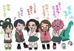  &gt;_&lt; 6+girls alternate_costume alternate_hairstyle arm_behind_head arm_up ashido_mina asui_tsuyu black_hair black_legwear blush boku_no_hero_academia breasts brown_cardigan brown_hair cardigan chibi clenched_hand closed_eyes closed_mouth collared_shirt colored_skin commentary earrings green_hair green_skirt green_sweater grin hagakure_tooru hair_ornament hair_rings hairclip hands_in_pockets heart heart_in_mouth highres hoop_earrings horns invisible jewelry jirou_kyouka long_hair long_sleeves multiple_girls musical_note necktie open_mouth pink_cardigan pink_hair pink_skin pleated_skirt purple_hair red_necktie school_uniform shirt shoes short_hair simple_background skirt sleeves_past_fingers sleeves_past_wrists smile standing sweater translation_request twintails u.a._school_uniform uraraka_ochako white_background white_shirt yaoyorozu_momo yuzuka_(2ucchan_ahan) 