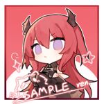  1girl arknights artist_name black_collar black_dress black_jacket border chibi collar crossed_arms demon_horns detached_collar dress hair_between_eyes horns jacket long_hair purple_eyes red_background renren sample_watermark simple_background smile solo sparkle star_(symbol) surtr_(arknights) upper_body white_border 