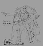  2022 anthro briefcase clothed clothing dialogue dress_shoes english_text fedora female front_view frown fully_clothed greyscale group guide_lines gun half-closed_eyes handgun hat headgear headwear holding_gun holding_lighter holding_object holding_weapon lighter mammal monochrome murid murine narrowed_eyes necktie omny87 pointing_gun pose ranged_weapon rat rear_view revolver rodent scar sketch standing submachine_gun suit text thompson_gun trio weapon 