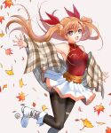  1girl :d armpits black_legwear blue_eyes boots bow double_bun doughnut_hair_bun falling_leaves ginkgo_leaf grey_background hair_bow hair_bun halterneck langrisser langrisser_iii leaf long_hair looking_at_viewer maple_leaf open_mouth orange_hair pantyhose plaid red_bow sakurai_(skri_3527) shirt simple_background skirt sleeveless sleeveless_shirt smile solo standing standing_on_one_leg thighlet tiaris_(langrisser) twintails white_footwear white_skirt 