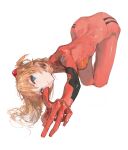  1girl all_fours bangs blue_eyes bodysuit breasts brown_hair closed_mouth dino_(dinoartforame) full_body highres long_hair looking_at_viewer medium_breasts neon_genesis_evangelion plugsuit red_bodysuit simple_background solo souryuu_asuka_langley white_background 