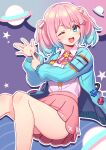  1girl absurdres bangs blue_eyes blue_hair blue_jacket collared_shirt deadnooodles gradient_hair hands_up highres indie_virtual_youtuber jacket long_sleeves looking_at_viewer medium_hair multicolored_hair neck_ribbon one_eye_closed open_clothes open_jacket open_mouth pink_hair pink_ribbon pink_shirt pink_skirt planet_hair_ornament ribbon second-party_source shirt skirt smile solo star_(symbol) star_uanko twintails 