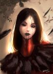  1girl black_eyes black_feathers black_hair black_lips blood blood_on_clothes blood_on_face blood_stain bodysuit carmina_mora commentary dead_by_daylight empty_eyes feathers highres kurooobunbun long_neck looking_at_viewer red_bodysuit solo 