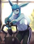  abs absurd_res anthro blue_body blue_eyes blue_fur blush bodily_fluids bottomwear breasts canid clothed clothing eeveelution evomanaphy exercise exercise_bike female fingerless_gloves fur glaceon gloves gym_bottomwear gym_clothing handwear hi_res lidded_eyes looking_at_viewer mammal navel nintendo nipples pok&eacute;mon pok&eacute;mon_(species) solo sweat sweatdrop topless video_games 