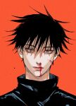  1boy bangs black_hair black_jacket bleeding blood blood_on_face blue_eyes commentary_request expressionless eyelashes face fushiguro_megumi hair_between_eyes high_collar jacket jujutsu_kaisen li_chestnuts lips long_sleeves looking_at_viewer male_focus nose nosebleed orange_background short_hair simple_background solo spiked_hair upper_body 