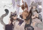  3girls absurdres amiya_(arknights) animal_ears arknights black_collar black_jacket blue_eyes braid cliffheart_(arknights) clothes_writing collar cup dress eyewear_on_head grey_background grey_eyes grey_thighhighs hair_between_eyes hand_up highres holding holding_cup indoors jacket jewelry leopard_ears leopard_girl leopard_tail long_hair long_sleeves multiple_girls necklace open_clothes open_jacket open_mouth ponytail pramanix_(arknights) purple_jacket rabbit_ears rabbit_girl short_hair siblings side_braids sidelocks simple_background sisters sitting sunglasses tail tiara turtleneck v white_dress yumingtongxue 