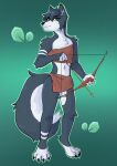  2021 anthro archer arnhem arrow_(weapon) blush bow_(weapon) canid canine canis chest_tuft claws clothed clothing countershade_face countershade_tail countershade_torso countershading duskihorns fur green_eyes grey_body grey_fur grey_hair hair hi_res inner_ear_fluff male mammal markings midriff navel partially_clothed ranged_weapon solo tuft weapon white_body white_countershading white_fur wolf 