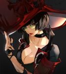  1girl adjusting_eyewear artist_name bangs black_choker black_hair blue_eyes blunt_bangs bob_cut breast_hold breasts choker cleavage collarbone crop_top fingerless_gloves found_modori gloves green-tinted_eyewear guilty_gear guilty_gear_strive hand_on_headwear hand_up hat heterochromia highres i-no large_breasts looking_at_viewer looking_over_eyewear looking_to_the_side mole mole_above_mouth parted_lips red_eyes red_lips shaded_face short_hair short_sleeves simple_background solo sunglasses tinted_eyewear upper_body witch_hat 