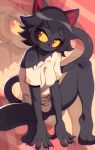  2022 anthro black_body black_fur black_hair blush bottomless breasts clothed clothing crouching domestic_cat featureless_crotch felid feline felis female fur hair hi_res looking_away mammal paws pink_eyes shirt solo stained_clothing topwear wildblur yellow_sclera 