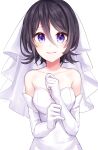  1girl absurdres bare_shoulders black_hair bleach blush bouquet breasts bridal_veil bride cleavage dress elbow_gloves flower gloves hair_between_eyes hair_ornament highres ille_(xcpa7325) jewelry kuchiki_rukia long_hair looking_at_viewer purple_eyes short_hair small_breasts smile solo veil wedding_dress white_dress 