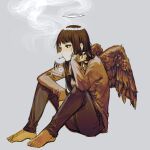  1girl angel_wings artist_request bangs barefoot black_eyes black_hair black_pants brown_footwear cigarette commentary_request elbow_on_knee elbow_rest feathered_wings feet full_body grey_background haibane_renmei hair_over_shoulder halo hand_on_own_cheek hand_on_own_face head_rest highres knees_up long_hair long_sleeves pants reki_(haibane) simple_background sitting sketch sleeves_past_wrists smoke smoking solo wings 