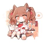  1girl :t angelina_(arknights) angelina_(summer_flowers)_(arknights) animal_ears arknights black_collar bow brown_eyes brown_hair casual_one-piece_swimsuit chibi collar cup drink eating food fox_ears fox_girl fox_tail hair_bow hair_ornament hairclip hand_up holding holding_cup holding_food infection_monitor_(arknights) long_hair looking_at_viewer official_alternate_costume one-piece_swimsuit red_bow red_swimsuit renren sarong simple_background sitting solo speech_bubble spoken_thumbs_up swimsuit tail twintails white_background white_sarong 