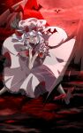  1girl bangs bat bat_wings closed_mouth dress fang full_body hat highres looking_back mob_cap own_hands_together red_eyes remilia_scarlet short_hair short_sleeves smile touhou toyono_kitsune v_arms white_dress white_hair white_headwear wings 