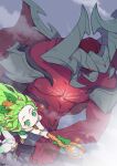  1boy 1girl aatrox abs absurdres artist_name biceps cloud colored_skin creature demon demon_wings flying fog green_eyes green_hair highres horns hyuko_wong league_of_legends long_hair looking_to_the_side lulu_(league_of_legends) muscular muscular_male pectorals red_eyes red_skin scar scar_on_chest shoes shoulder_pads staff star_(symbol) star_guardian_(league_of_legends) star_guardian_lulu wings 