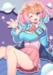  1girl ;d aqua_eyes bare_legs blue_hair blue_jacket blush bow deadnooodles eyewear_on_head gradient_hair highres indie_virtual_youtuber jacket looking_at_viewer medium_hair multicolored_background multicolored_hair one_eye_closed open_mouth pink_bow pink_hair pink_skirt planet_hair_ornament pocket shirt skirt smile solo star-shaped_eyewear star_(symbol) star_in_eye star_ornament star_uanko sunglasses symbol_in_eye twintails two-tone_hair virtual_youtuber white_shirt 