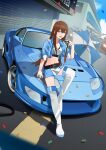  1girl absurdres belt black_belt blue_jacket blue_skirt blue_theme boots car confetti cropped_jacket full_body ground_vehicle highres holeecrab jacket long_hair makise_kurisu midriff miniskirt motor_vehicle navel on_vehicle parasol purple_eyes race_queen skirt solo sports_bra sports_car steins;gate teeth thigh_boots toyota toyota_supra umbrella upper_teeth white_footwear white_sports_bra zettai_ryouiki 