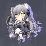  1girl :&lt; animal_ears arknights artist_name black_footwear black_sweater blush cat_ears cat_girl cat_tail chibi grey_background grey_hair headset holding implied_extra_ears knee_up long_hair long_sleeves no_hat no_headwear pants renren schwarz_(arknights) simple_background solo sweater tail thigh_strap white_pants yellow_eyes 