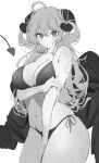  1girl bikini breasts demon_girl greyscale highres horns komupi large_breasts long_hair looking_at_viewer monochrome noa_(komupi) original pointy_ears slit_pupils spade_(shape) standing swimsuit white_background 