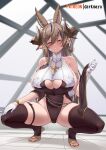  1girl animal_ears bangs bare_shoulders black_legwear black_leotard breasts brown_hair closed_eyes darkmaya extra_ears galleon_(granblue_fantasy) gloves granblue_fantasy highleg highleg_leotard horns large_breasts leotard long_hair multicolored_hair pointy_ears sideboob smile squatting streaked_hair swept_bangs thigh_strap thighhighs white_gloves 