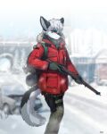  2022 5_fingers absurd_res anthro blue_eyes blurred_background bottomwear building canid canine canis car clothing domestic_dog fingers gloves gun handwear hi_res inner_ear_fluff jacket mammal pants pgm300 ranged_weapon red_clothing red_jacket red_topwear rifle snow topwear tuft vehicle weapon 