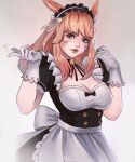  animal_ears apron avatar_(ff14) bandaid bandaid_on_face bell breasts brown_hair cat_ears cleavage facial_mark final_fantasy final_fantasy_xiv gloves gradient gradient_background green_eyes heterochromia highres lianeige lips long_hair looking_at_viewer maid maid_headdress medium_breasts miqo&#039;te neck_bell puffy_short_sleeves puffy_sleeves short_sleeves waist_apron whisker_markings white_apron white_gloves 