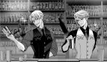  2boys ahoge anegobeya arm_behind_back bar bartender bottle cocktail_shaker cup drinking_glass facial_hair fate/grand_order fate_(series) greyscale james_moriarty_(fate) james_moriarty_(gray_collar)_(fate) james_moriarty_(ruler)_(fate) male_focus monochrome multiple_boys mustache necktie one_eye_closed vest wine_glass 
