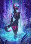  2022 anthro areola black_body black_fur blue_body blue_fur blue_hair breasts clitoris digital_media_(artwork) felid feline female fur genitals hair hi_res looking_at_viewer mammal nipples nude omesore purple_eyes smile solo 