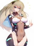  1girl :o armor big_hair black_armor blue_eyes bodystocking breastplate breasts cape character_request copyright_request fumio_(rsqkr) hairband highres large_breasts leg_armor leotard looking_at_viewer v white_background white_cape wide_hips 
