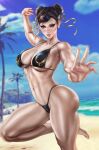  1girl abs arm_up bare_arms barefoot beach bikini black_bikini breasts brown_eyes brown_hair chun-li cleavage collarbone dandon_fuga double_bun earrings eyeshadow hair_bun hair_ribbon highres jewelry leg_up lipstick looking_at_viewer makeup medium_breasts muscular muscular_female navel navel_piercing ocean out_of_frame outdoors outstretched_arm palm_tree palms pearl_earrings piercing ribbon sand sideboob skindentation smile standing standing_on_one_leg street_fighter string_bikini swimsuit thick_thighs thighs tree underboob yellow_ribbon 