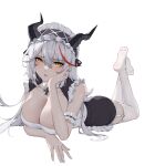  1girl absurdres aegir_(azur_lane) aegir_(iron_blood&#039;s_dragon_maid)_(azur_lane) apron arm_under_breasts azur_lane blush breast_press breast_rest breasts cleavage couch cross dragon_girl dragon_horns feet feet_up frills garter_straps hair_between_eyes head_rest highres horns indoors iron_cross jewelry large_breasts looking_at_viewer lying maid maid_apron maid_headdress no_shoes official_alternate_costume on_stomach open_mouth parted_lips ring soles solo the_pose thighhighs wedding_band white_background white_hair white_thighhighs wsfw yellow_eyes 