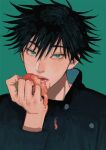  1boy bangs black_hair black_jacket buttons crushing eating eyelashes face food fushiguro_megumi green_background green_eyes hair_between_eyes high_collar highres holding holding_food jacket jujutsu_kaisen li_chestnuts long_sleeves looking_at_viewer male_focus nose open_mouth school_uniform short_hair simple_background solo spiked_hair symbol-only_commentary tomato 