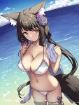  1girl animal_ear_fluff animal_ears bikini black_hair blue_archive breasts cape caustics cleavage closed_mouth collarbone day flower fox_ears fox_girl fox_tail hair_flower hair_ornament halo halter_top halterneck hands_up highres large_breasts long_hair looking_at_viewer low_twintails navel ocean outdoors ryuinu smile solo standing stomach strap_gap string_bikini swimsuit tail thighs twintails very_long_hair wading wakamo_(blue_archive) wakamo_(swimsuit)_(blue_archive) water white_bikini yellow_eyes 