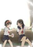  2girls bench black_hair blue_sailor_collar blue_skirt brown_eyes closed_eyes feeding feet_out_of_frame hair_flaps head_wreath highres long_hair multiple_girls pleated_skirt sailor_collar sakugawa_school_uniform saten_ruiko school_uniform serafuku shaved_ice short_hair skirt toaru_kagaku_no_railgun toaru_majutsu_no_index uiharu_kazari yuuki_(qgbugtbhbxn5ts9) 