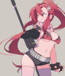  1girl absurdres belt black_gloves black_shorts bra commentary_request fingerless_gloves flame_print gloves grey_background gun hair_ornament highres long_hair navel ponytail red_hair rifle scarf shimazaki1152 short_shorts shorts skull_hair_ornament sniper_rifle solo tengen_toppa_gurren_lagann thighhighs underwear very_long_hair weapon wrist_cuffs yellow_eyes yoko_littner 